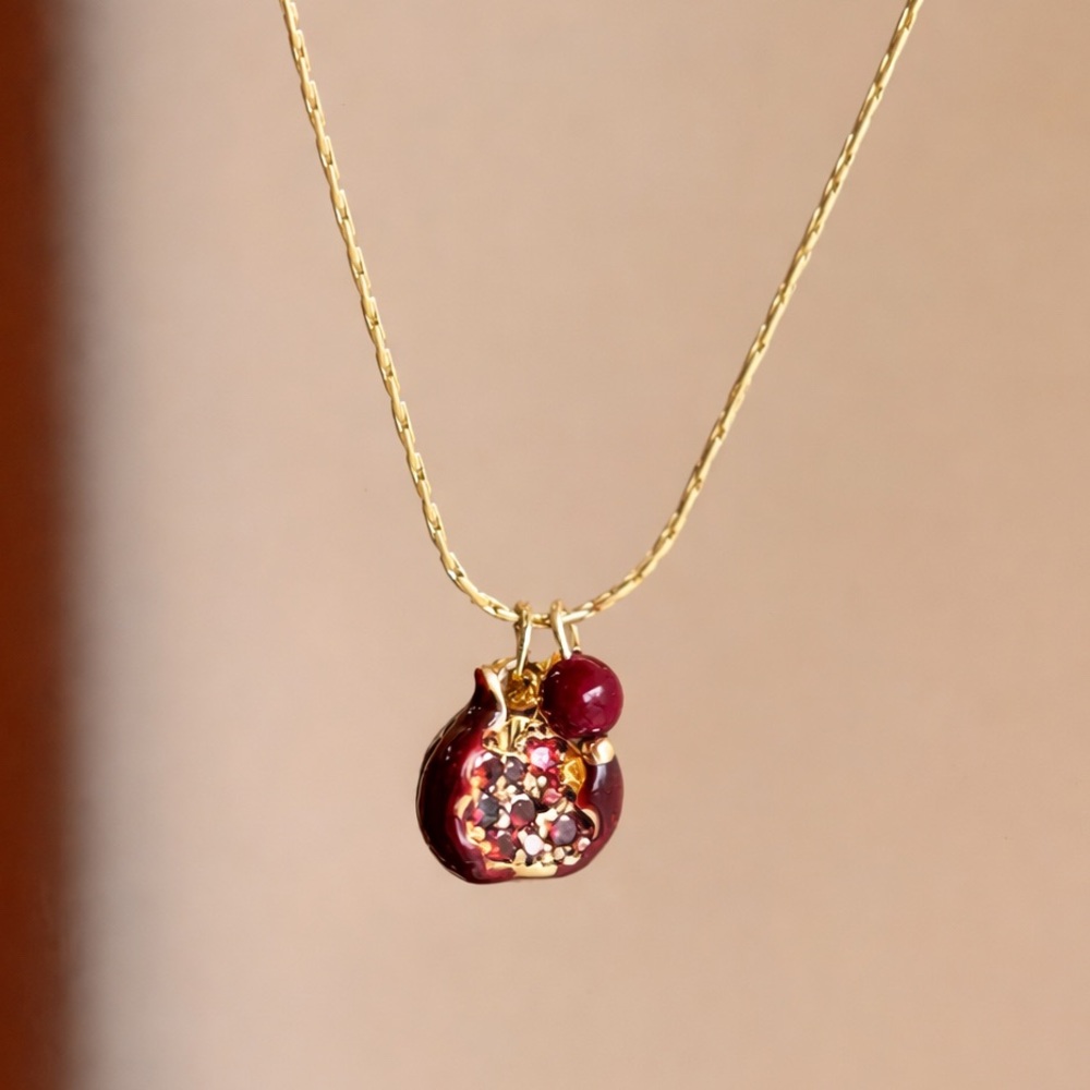 Pomegranate Ruby Gold Necklace Red Charm Pendant Minimalist Tiny Pendant summer